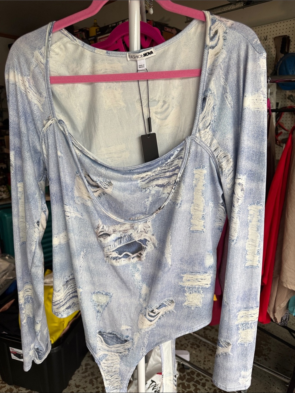 Fashion Nova Light Blue Distressed Scoop Neck Bodysuit